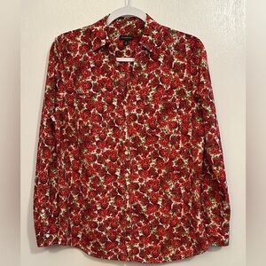 Talbots Womens Medium Roll Sleeve Red Rose Print Button Down Blouse